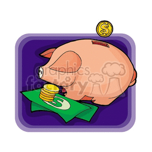 Clipart image of a piggy bank with coins and paper money, symbolizing savings or financial management.