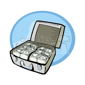 Clipart image of an open briefcase filled with stacks of money in front of a blue circle background.