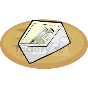 Clipart image of an envelope with money inside, placed on a circular surface.