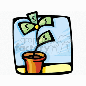 A clipart image depicting a potted plant with dollar bills as leaves, representing the concept of financial growth.