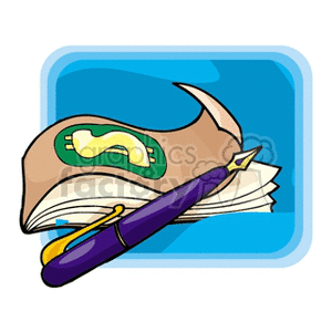 A clipart image featuring a stack of dollar bills and a fountain pen on a blue background.