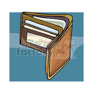 Clipart image of a brown wallet with visible compartments, including cards and cash, set against a blue background.