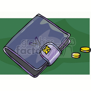 A clipart image of a closed wallet with two gold coins next to it on a green background.