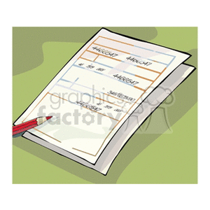 A clipart image of a bill or receipt with numbers written on it, accompanied by a red pencil on a green background.