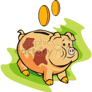 A clipart image of a piggy bank with two coins above it, indicating saving money. The piggy bank is positioned on a green background.