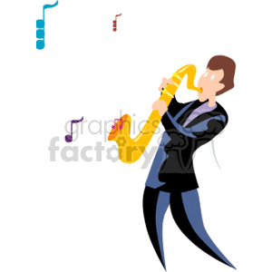 A colorful clipart image of a jazz musician playing a saxophone with musical notes in the background.