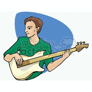 Illustration of a person playing a bass guitar with a blue background.