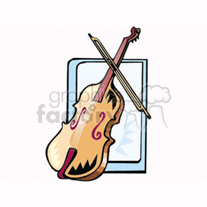 Clipart image of a cello and bow in front of a musical sheet.