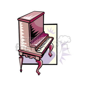 Illustration of an upright piano with stylized design elements.