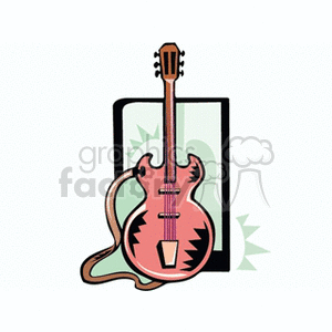 Illustrated clipart of a pink electric guitar with bold black details and a strap.