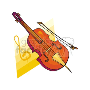 Illustration of a cello with a bow and a treble clef in the background.