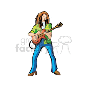 A colorful clipart image of a musician playing an electric guitar.