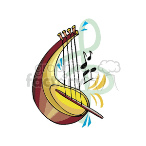 Clipart image of a harp with musical notes and decorative elements.