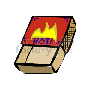 The clipart image depicts an open matchbox with no visible matchsticks remaining inside. The matchbox is red with a design featuring a flame and the word HOT! in blue letters bordered by a yellow outline. The striking surface for igniting matches is visible on one side of the matchbox. The matchbox appears to be slightly worn or used.