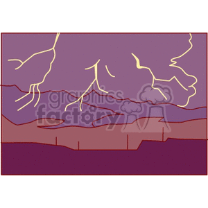 Illustration of a stormy scene with lightning striking from the sky above a rugged landscape.