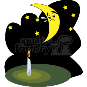   This clipart image features a scene set at night with a stylized crescent moon showing a sad facial expression, as if it