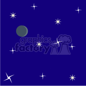 The clipart image depicts a stylized night sky filled with stars and a moon. The sky is a deep blue color, and the stars are represented in different sizes and styles, suggesting twinkling. The moon is gray and shown in a simple circular shape without detailing.
