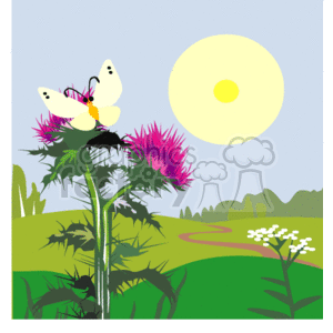 This image depicts a sunny day with a clear sky and a large yellow sun. There's a green landscape with bushes and trees in the background. In the forefront, there is a large flower with purple petals with a white and yellow butterfly perched on it. There's also smaller white flowers and various green foliage in the scene.
Concise 