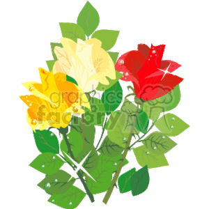 The clipart image features a bouquet of stylized roses with leaves. There are three roses in total, with colors including red, yellow, and pale yellow. The leaves are green and there are water droplet effects and sparkles added, giving the image a fresh and dewy appearance.