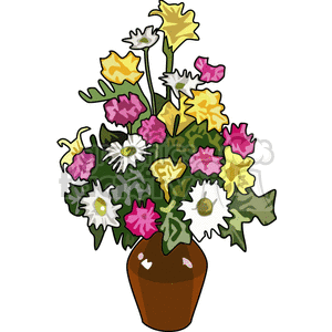 Colorful bouquet of various flowers in a brown vase.