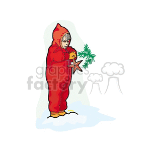 A child in a red snowsuit holding a christmas star
