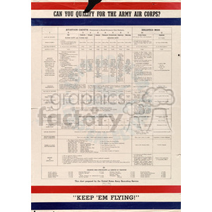 This is a vintage recruitment poster for the Army Air Corps, titled 'Can You Qualify for the Army Air Corps?'. It outlines the qualifications and requirements for aviation cadets and enlisted men, listing educational, physical, and age criteria. The poster is framed with red, white, and blue borders and concludes with the slogan 'Keep 'Em Flying!'.