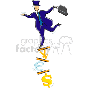 The clipart image features a stylized, cartoonish character, presumably a businessman, dressed in a blue suit and carrying a briefcase. The character is balancing on a stack of currency symbols. From top to bottom, the symbols are the yen (¥), the euro (€), and the dollar ($). The image conveys a sense of financial balance or the challenge of managing various currencies.
