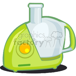   The image shows a cartoon of a green food processor with a feeding tube, a central processing unit, and control buttons. It