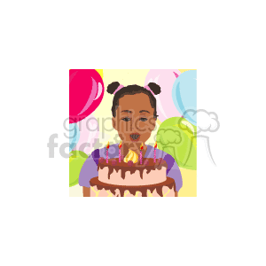 This clipart image depicts a celebration scene, featuring a young African American girl with her hair styled in pigtails. She is positioned in front of a birthday cake adorned with lit candles, appearing to be ready to blow them out, which is a common birthday tradition. The background consists of colorful balloons that add to the festive atmosphere typically associated with birthday parties.