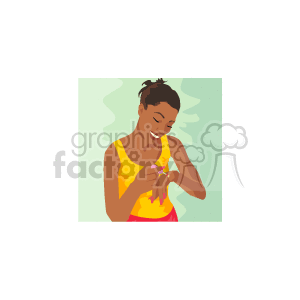 This clipart image depicts an African American teenage girl admiring her nails. She has a joyful expression on her face and is wearing a yellow top.