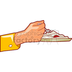 Illustration of a hand holding a plate with food, using a fork.