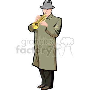 A clipart image of a man playing a trumpet. He is wearing a long coat and a hat.