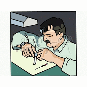 Clipart of a man examining an object with precision tools at a workstation.