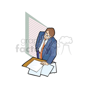 A man in a suit reviewing documents, possibly depicting a business professional or lawyer in an office setting.