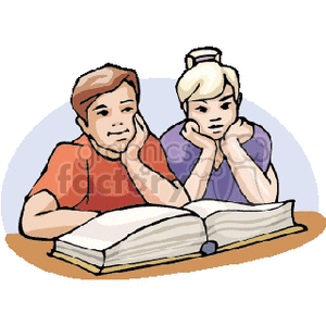 A boy and a girl reading a big book