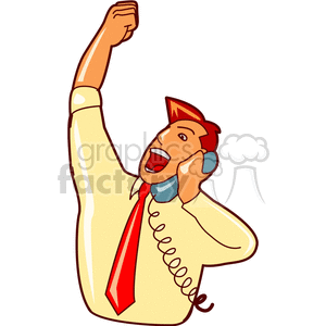 Clipart of a person wearing a yellow shirt and red tie, talking on a phone, raising one arm in a celebratory gesture.