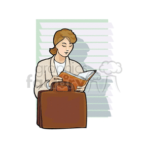 Clipart image of a woman reading a book while holding a briefcase, representing a business or professional setting.