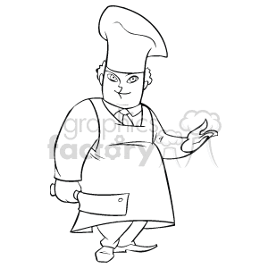   The image is a black and white line drawing of a chef. The chef is shown wearing a traditional chef