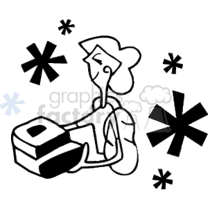 The image contains a stylized illustration of a person carrying a couple of books. The person has big hair. Around them are abstract shapes resembling asterisks of various sizes scattered throughout the image to create a decorative effect.