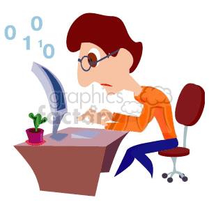 Clipart image of a person working at a computer desk, typing on a keyboard. The person is wearing glasses and there is a small potted plant on the desk. Binary code (0 and 1) is floating above the computer screen.