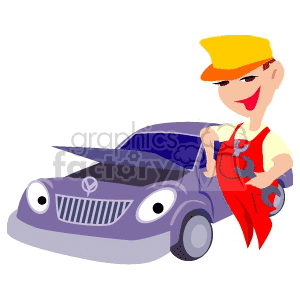 Clipart image of a mechanic in a yellow cap and red overalls holding wrenches, standing beside a car with an open hood.