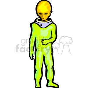 The clipart image features a stylized representation of an alien creature. The alien has a large, bald head with no visible hair or ears, and large, black, almond-shaped eyes. It is wearing a bright green space suit with white and grey accents, particularly around the collar area, and appears to be standing upright with one hand placed on its stomach.