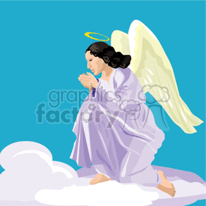 Clipart of an angel with a halo and wings, kneeling on a cloud in a praying position.