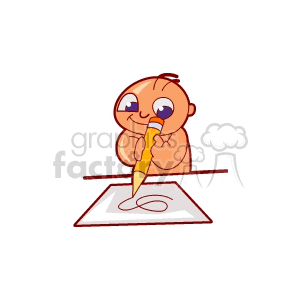 Clipart image of a happy baby holding a large pencil and drawing on paper.