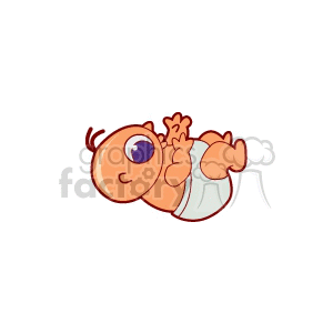 Cartoon clipart of a baby with a big eye, wearing a diaper, lying on its back.