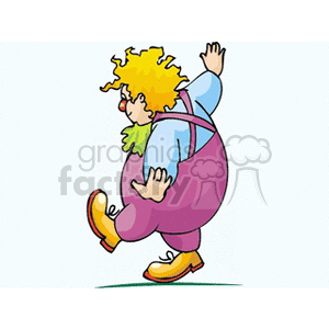 A playful circus clown with yellow hair, wearing purple shoes and overalls, balancing with a happy expression.