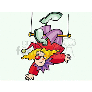 Clipart image of a colorful circus clown performing a trapeze act upside down.