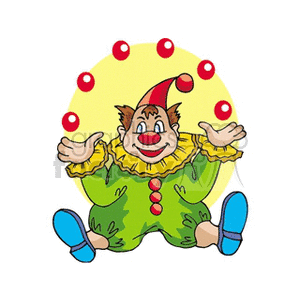 A colorful circus clown juggling red balls with a cheerful expression.