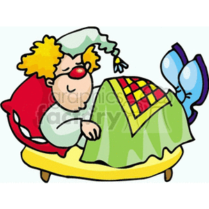 A cartoon clown peacefully sleeping in a bed, covered with a colorful quilt.