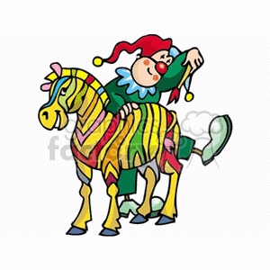 A colorful clown dressed in a green outfit with a red hat is playfully standing next to a multicolored horse.